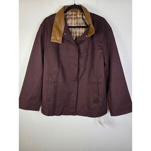 Tankaneo Womens Burgundy Harrington Jacket Plaid Lined Faux Leather Collar‎ Sz L